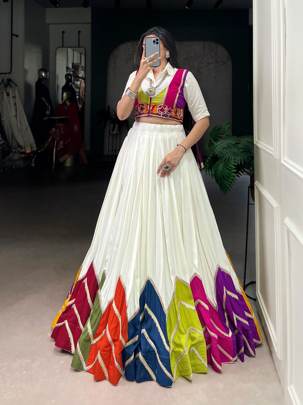 Rayon Multi Color Patch Lace Gamthi Kodi Work White Concept Navratri Special Lehenga Choli (Ready to Wear)