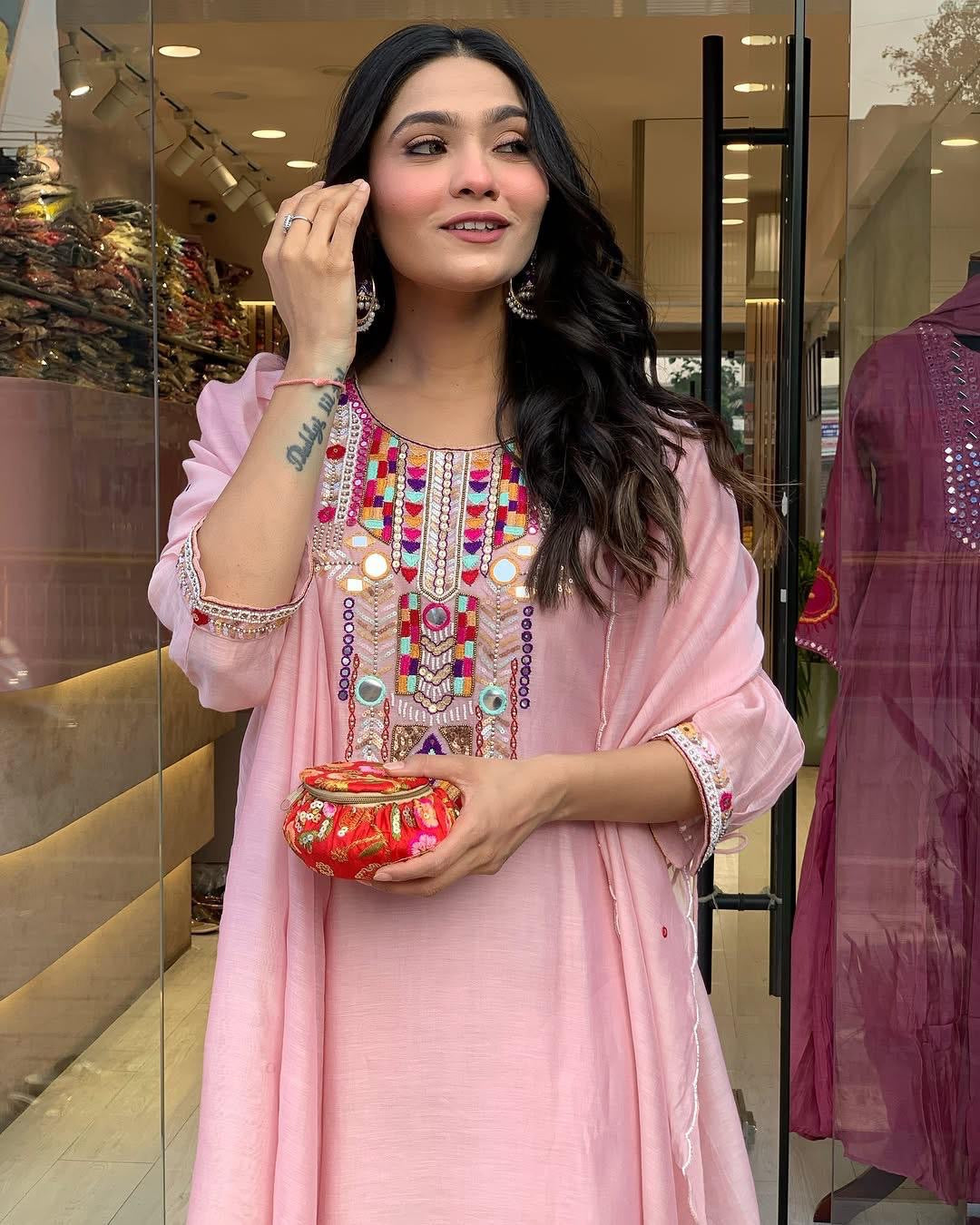 Premium Chanderi Neck Work Summer Special Kurti Pant Dupatta Set (Stitched) - Premium from Ethenika.com - Just INR 1990! Shop now at Ethenika.com