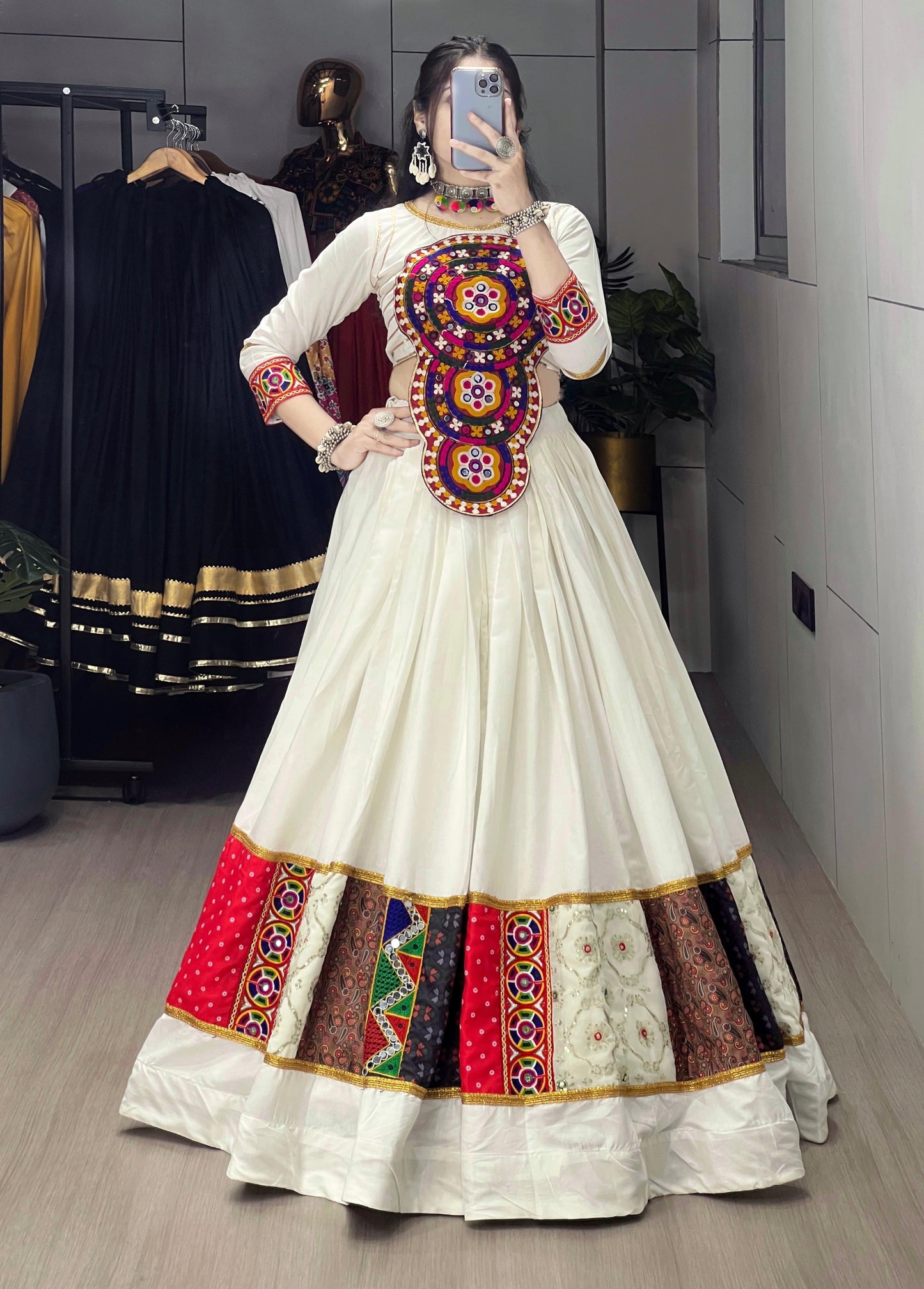 Rayon Kutchi Fancy Embroidery Mirror work White Concept Designer Chaniya Choli (Ready to Wear)