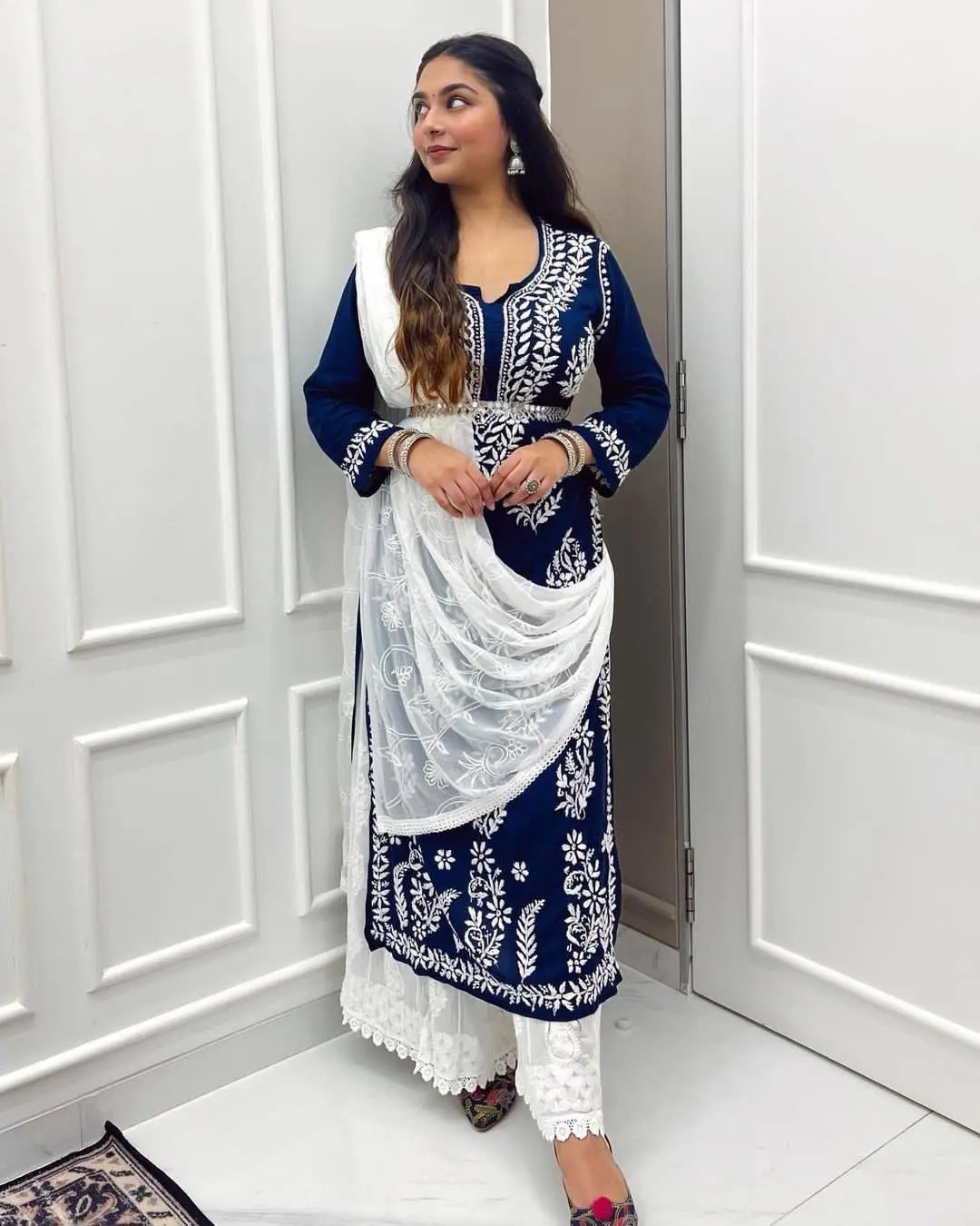 Thread Embroidery work Kurti Pant Dupatta Set (Stitched) - Premium from Ethenika.com - Just INR 2490! Shop now at Ethenika.com