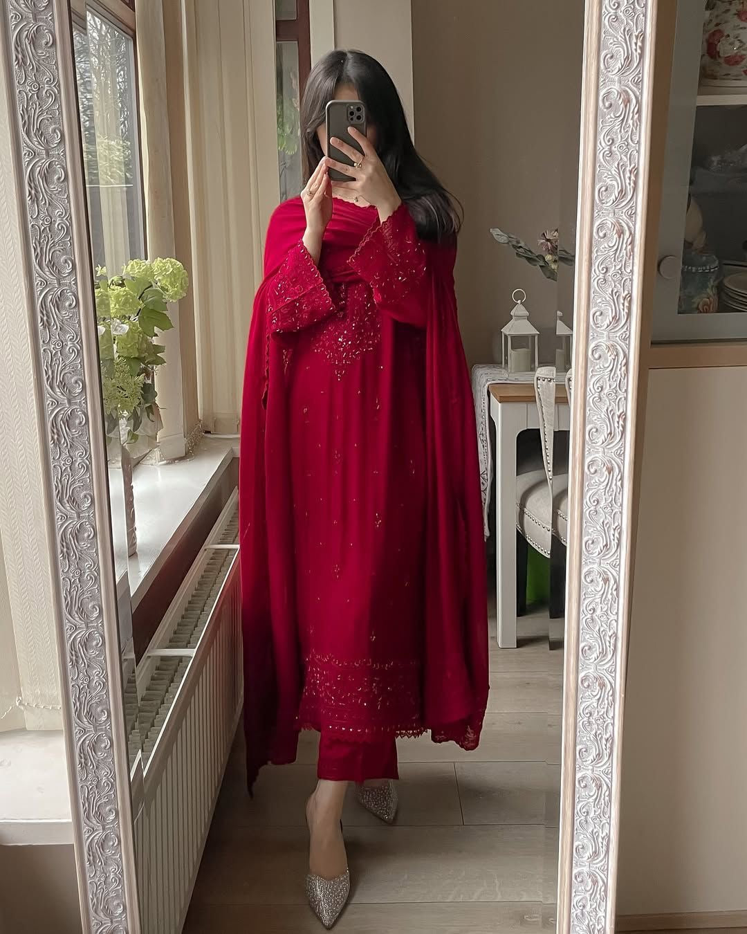 Karwachauth Sepcial Faux Georgette Sequence Embroidery Work 3 Pc Kurti Palazzo Dupatta Set (Ready to Wear)