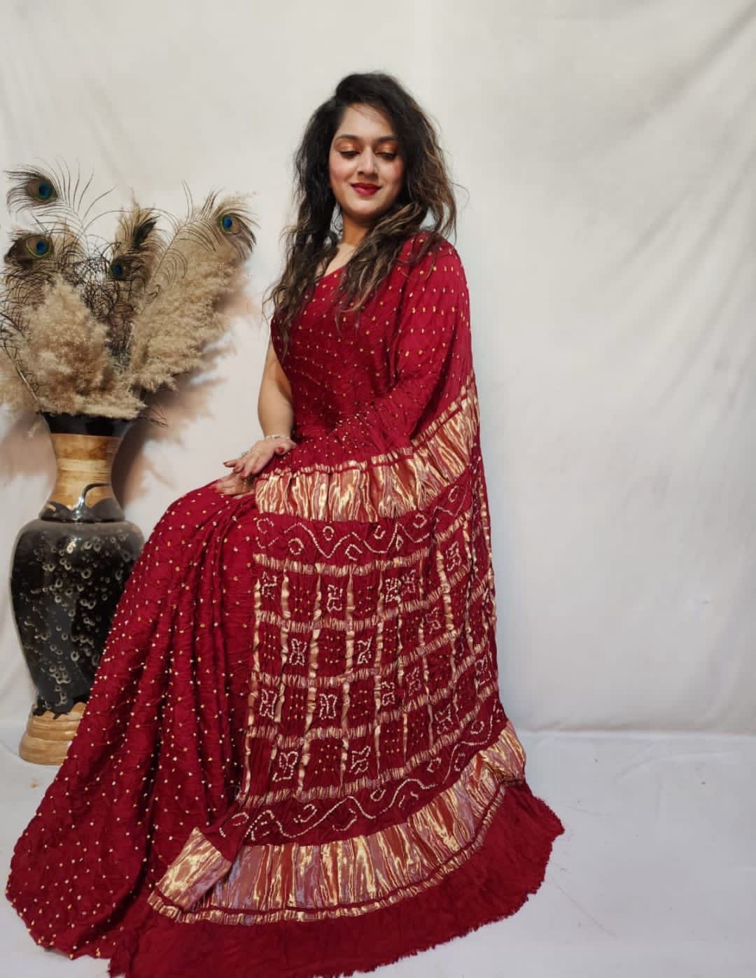 Modal Silk Barik Bandhej work Lagdi Patta Border Chex Bandhani Saree - Premium from Ethenika.com - Just INR 5990! Shop now at Ethenika.com