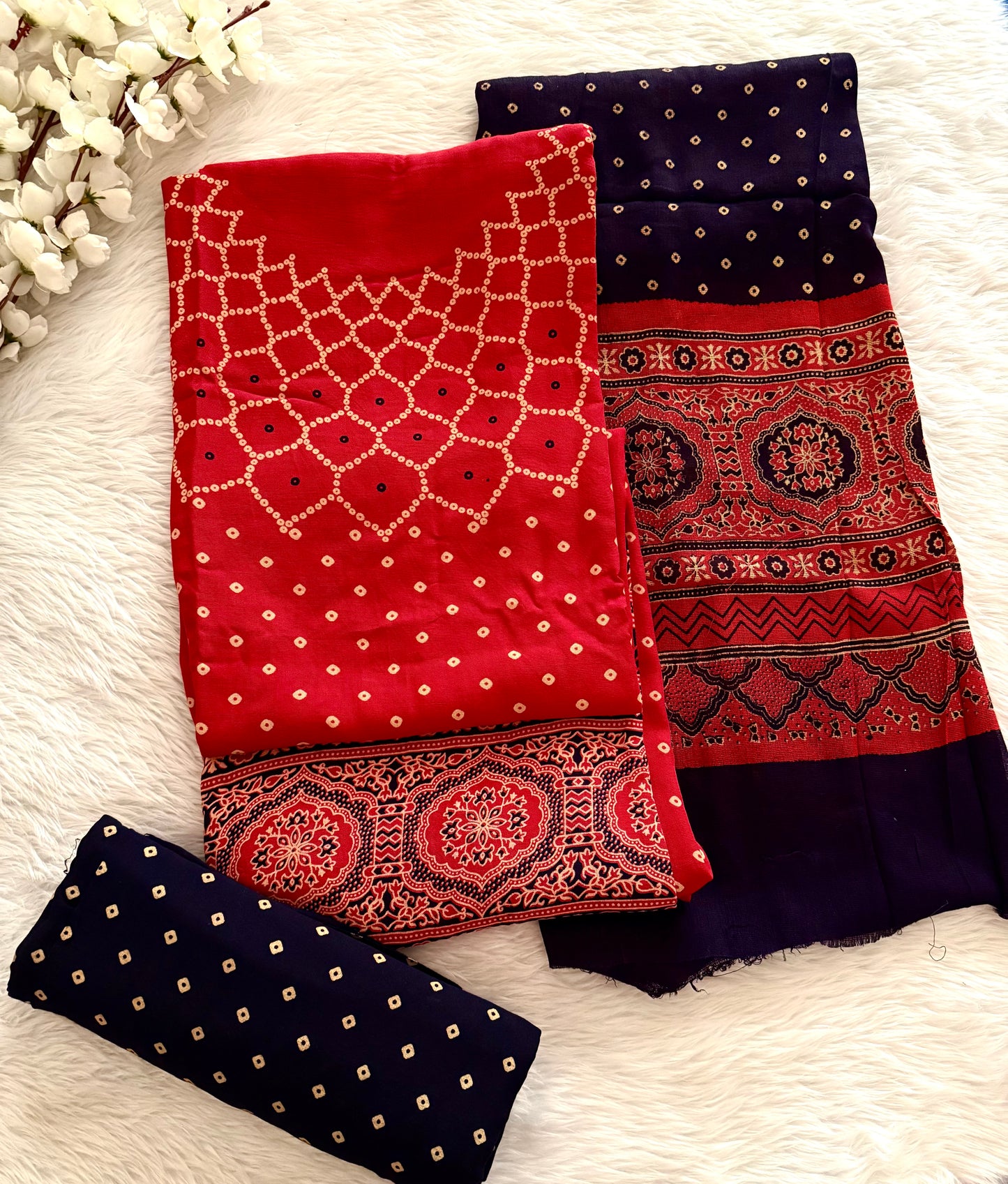Cotton Ajrakh Makdi Bandhani Print Dress Material (Unstitched)