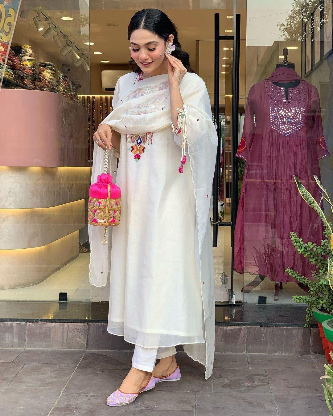Premium Chanderi Neck Work Summer Special Kurti Pant Dupatta Set (Stitched) - Premium from Ethenika.com - Just INR 1990! Shop now at Ethenika.com