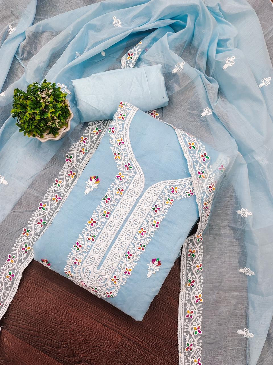 Heavy Chanderi Neck Embroidery work Dress Material (Unstitched) - Premium from Ethenika.com - Just INR 0! Shop now at Ethenika.com