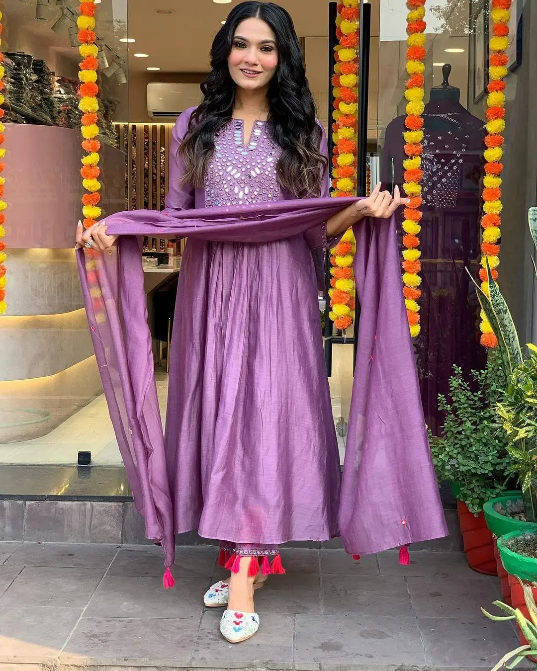 Mal Chanderi Silk Mirror work Alia Cut Kurti Palazzo Dupatta Set (Stitched) - Premium from Ethenika.com - Just INR 2590! Shop now at Ethenika.com
