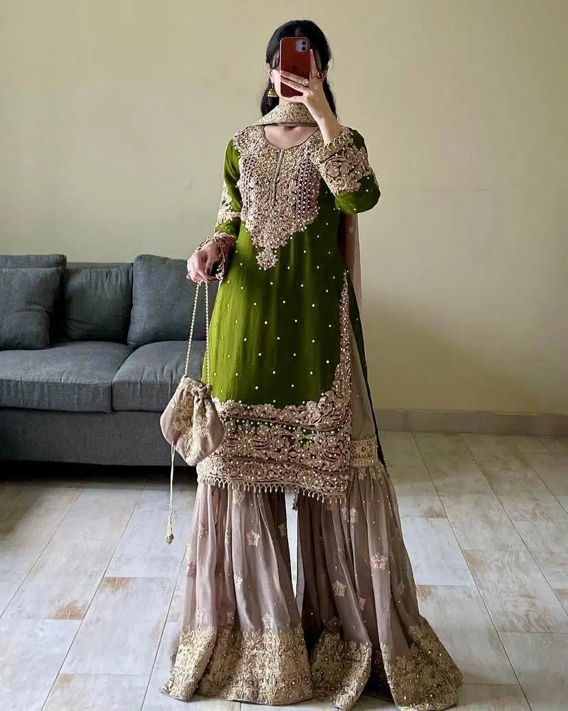 Real mirror Embroidery work Kurti Sharara Dupatta set - Premium from Ethenika.com - Just INR 3990! Shop now at Ethenika.com
