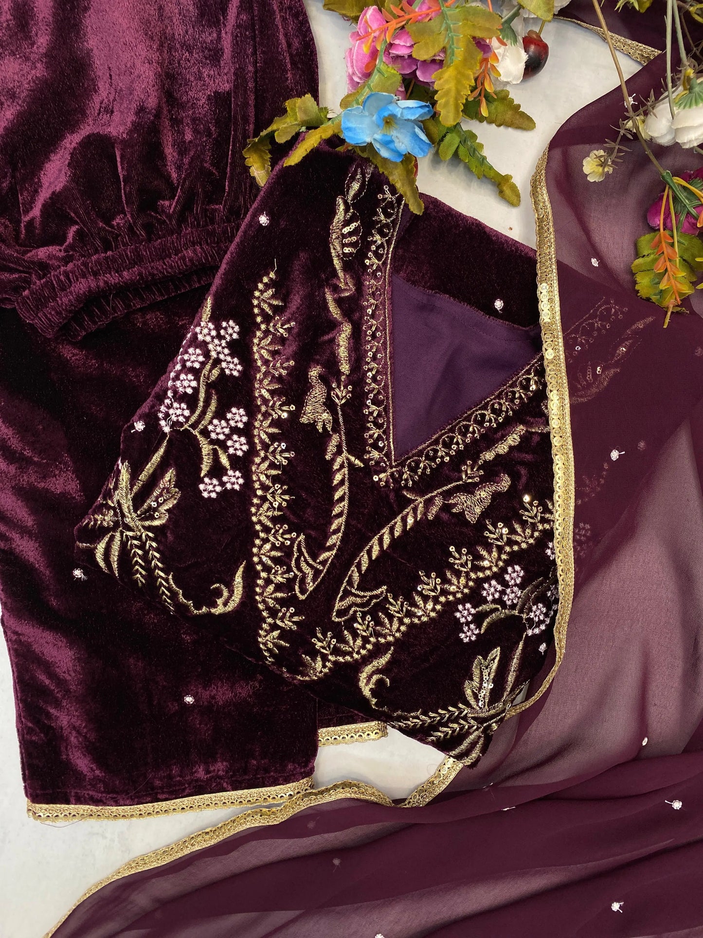 Winter Special Embroidery kodi work Velvet Kurti Pant Dupatta Set - Premium from Ethenika.com - Just INR 3290! Shop now at Ethenika.com