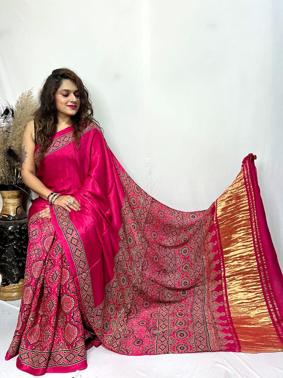 Fine Modal Silk Authetic Hand blocked Ajrakh Print Saree - Premium from Ethenika.com - Just INR 6590! Shop now at Ethenika.com
