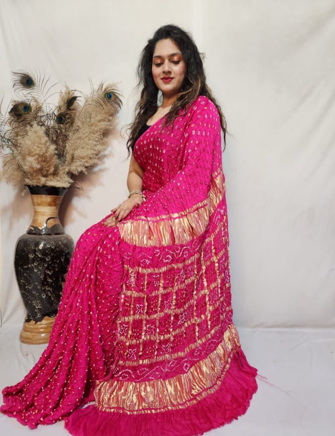 Modal Silk Barik Bandhej work Lagdi Patta Border Chex Bandhani Saree - Premium from Ethenika.com - Just INR 5990! Shop now at Ethenika.com