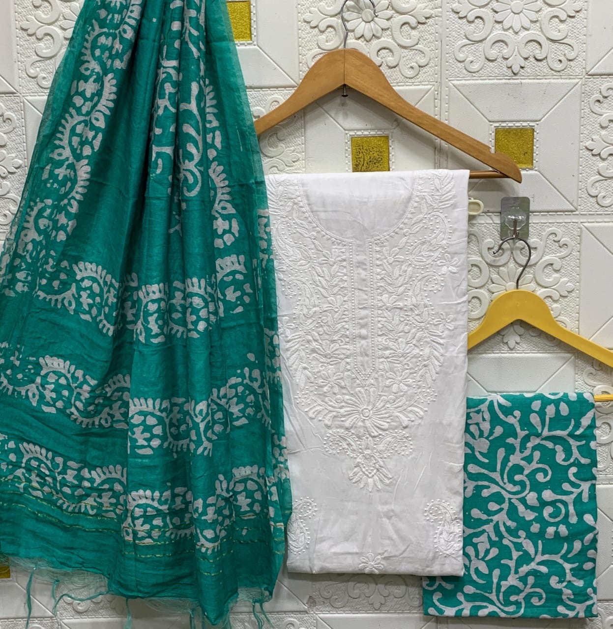 Cotton Lakhnavi Thread work Silk Batik Print Bottom Dupatta Dress Material (Unstitched) - Premium from Ethenika.com - Just INR 1890! Shop now at Ethenika.com