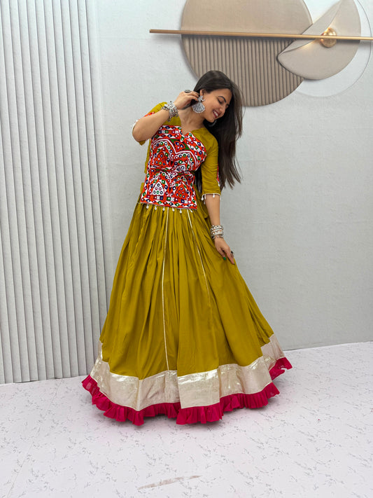 Pure Cotton Gamthi Mirror Work Kediyu Lehenga Choli - 6 Meter Flair