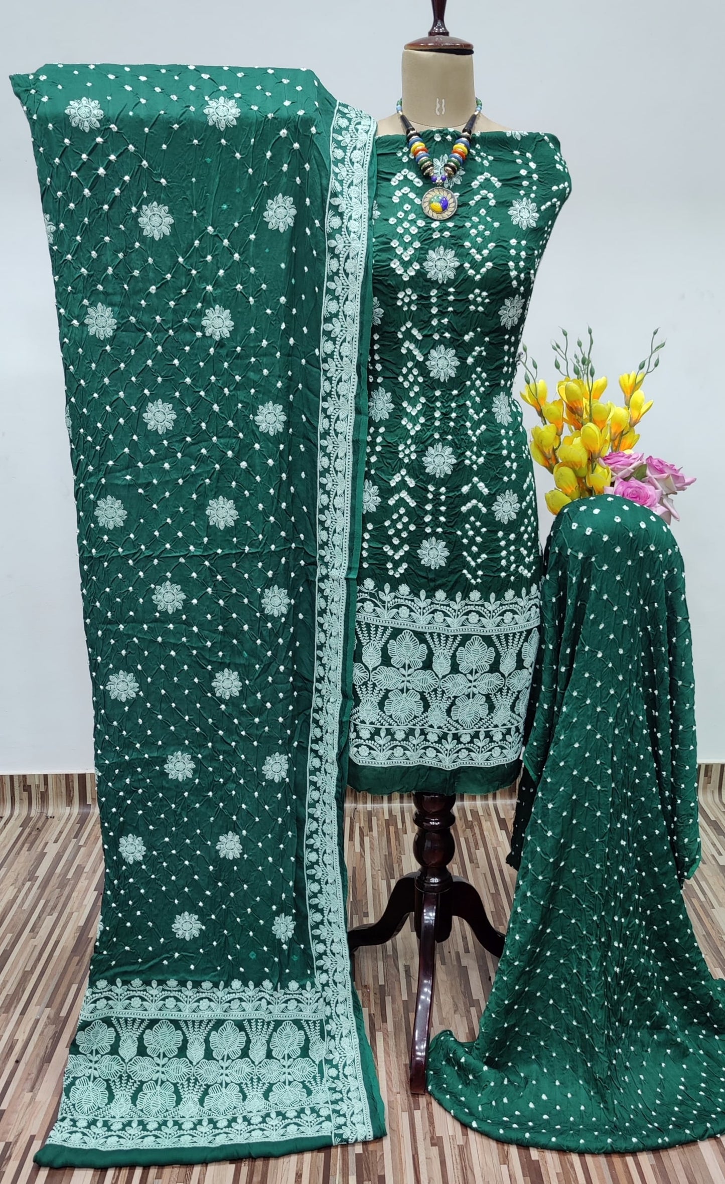 Modal Silk Lakhnavi Thread Embroidery work Bandhani Dress Material (Unstitched) - Premium from Ethenika.com - Just INR 4990! Shop now at Ethenika.com