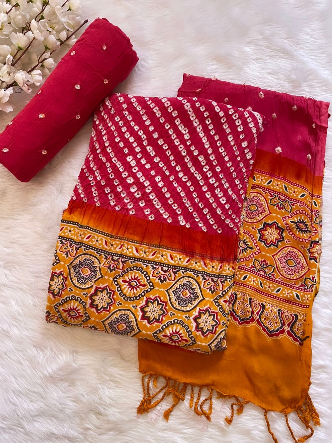 Authentic Ajrakh Print with Bandhej Work Bandhani Material (Unstitched) - Premium from Ethenika.com - Just INR 1890! Shop now at Ethenika.com