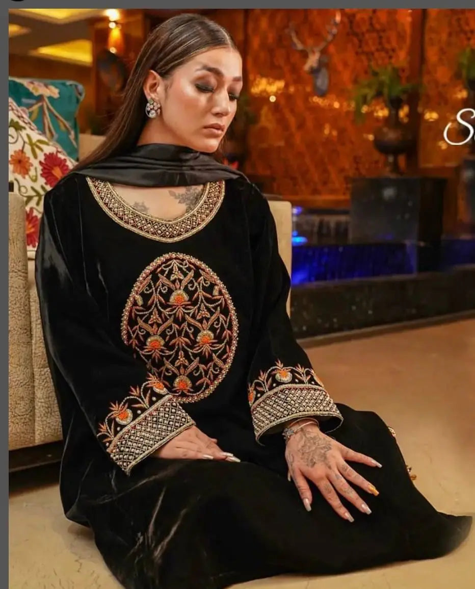 Winter Special Designer Black Velvet Kurti Pant Dupatta Set - Premium from Ethenika.com - Just INR 2590! Shop now at Ethenika.com