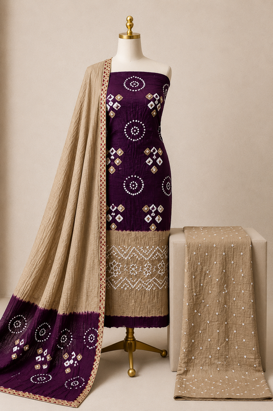 Cotton Satin Wine Kutch Bandhani 3Pc Unstitched Dress Material