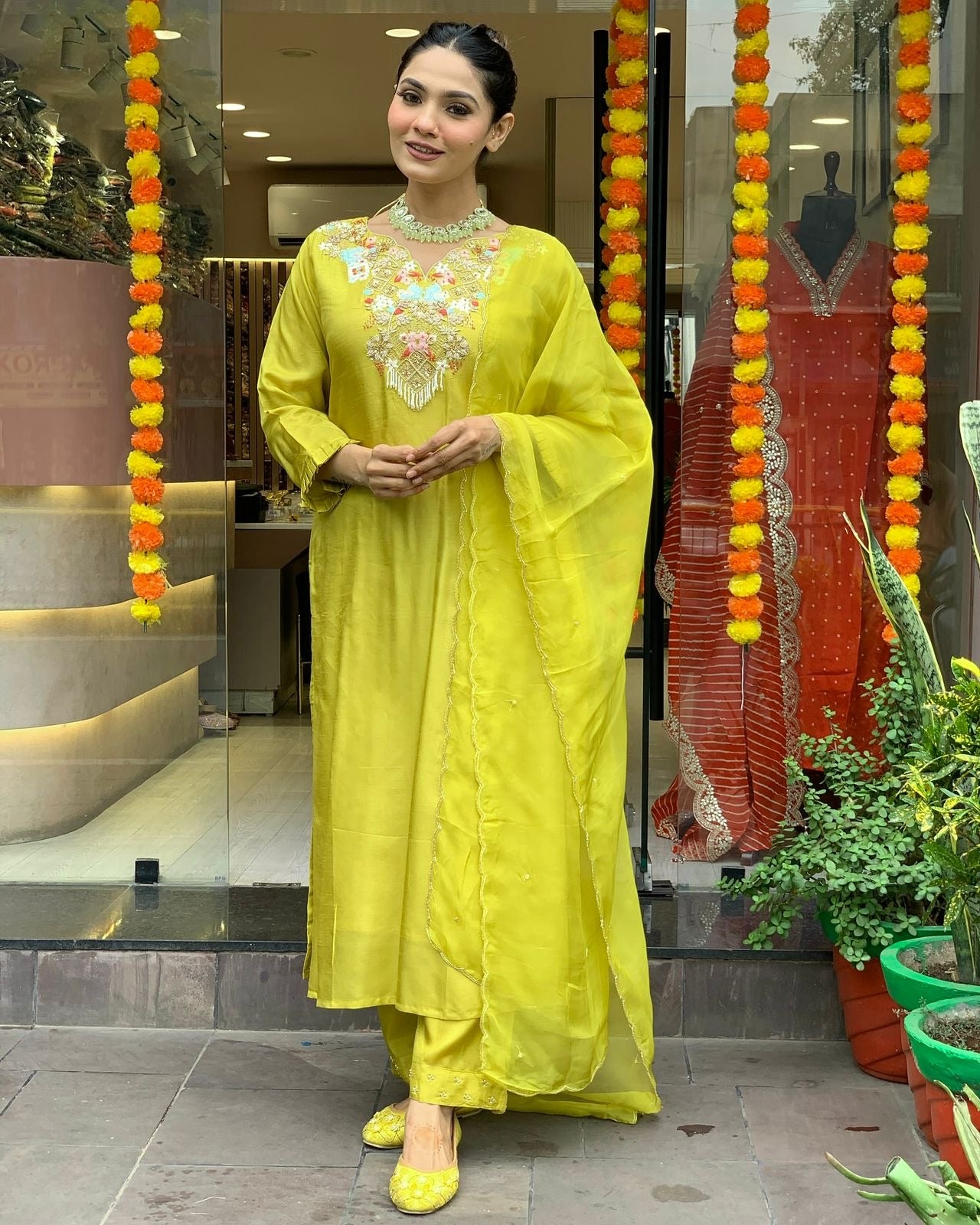Chanderi Silk Neck stone embroidery work Kurti Pant Dupatta Set (Stitched) - Premium from Ethenika.com - Just INR 2490! Shop now at Ethenika.com