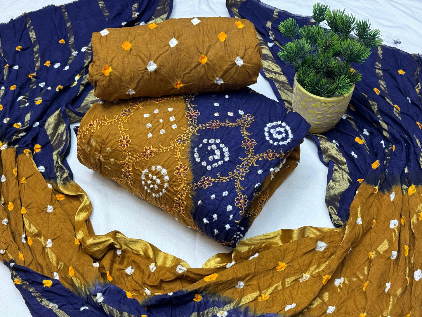 Cotton Satin Golden Thread Embroidery work Bandhani Dress Material - Premium from Ethenika.com - Just INR 1890! Shop now at Ethenika.com