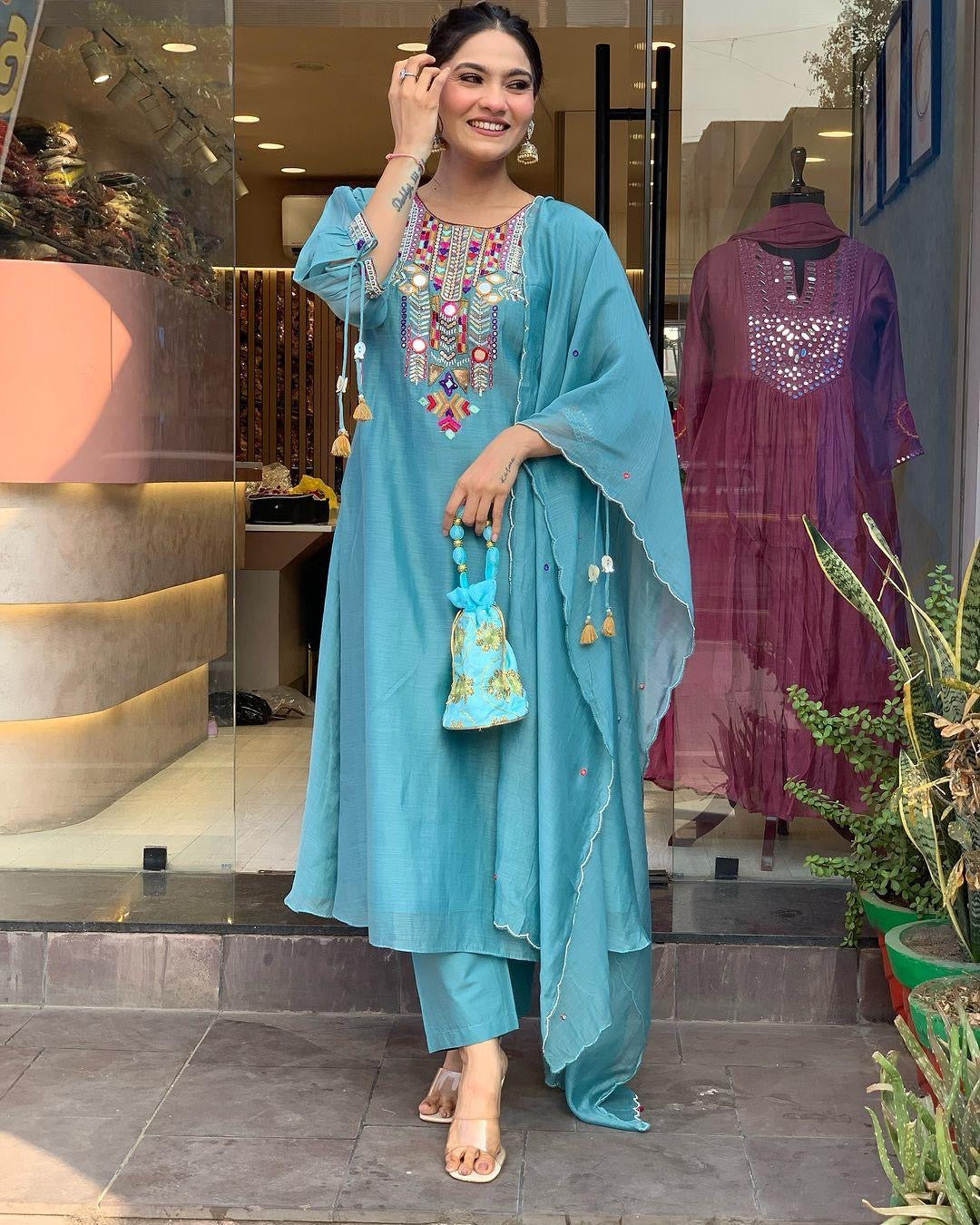 Premium Chanderi Neck Work Summer Special Kurti Pant Dupatta Set (Stitched) - Premium from Ethenika.com - Just INR 1990! Shop now at Ethenika.com