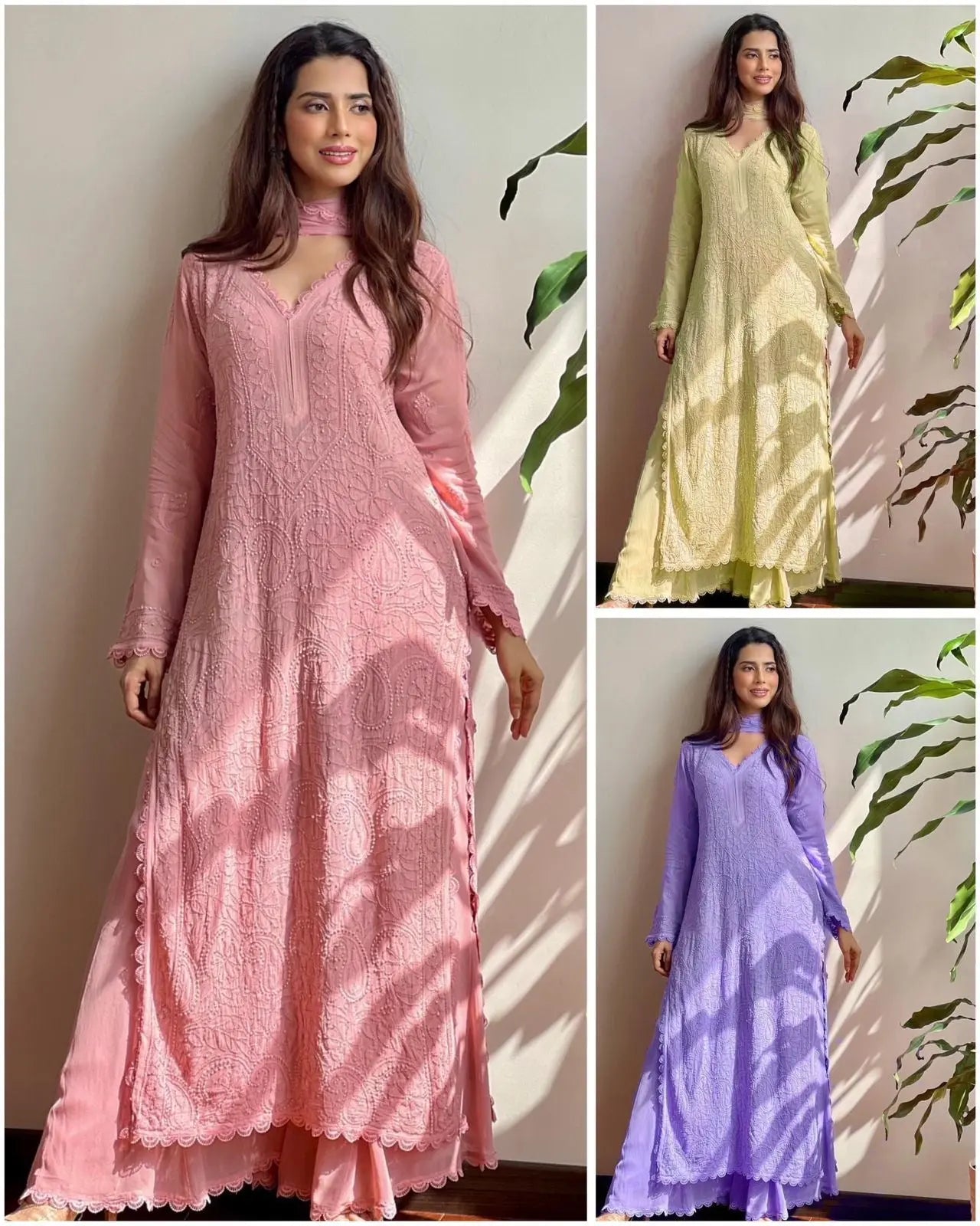 Chikankari work Faux Georgette Kurti Palazzo Set - Premium from Ethenika.com - Just INR 2590! Shop now at Ethenika.com