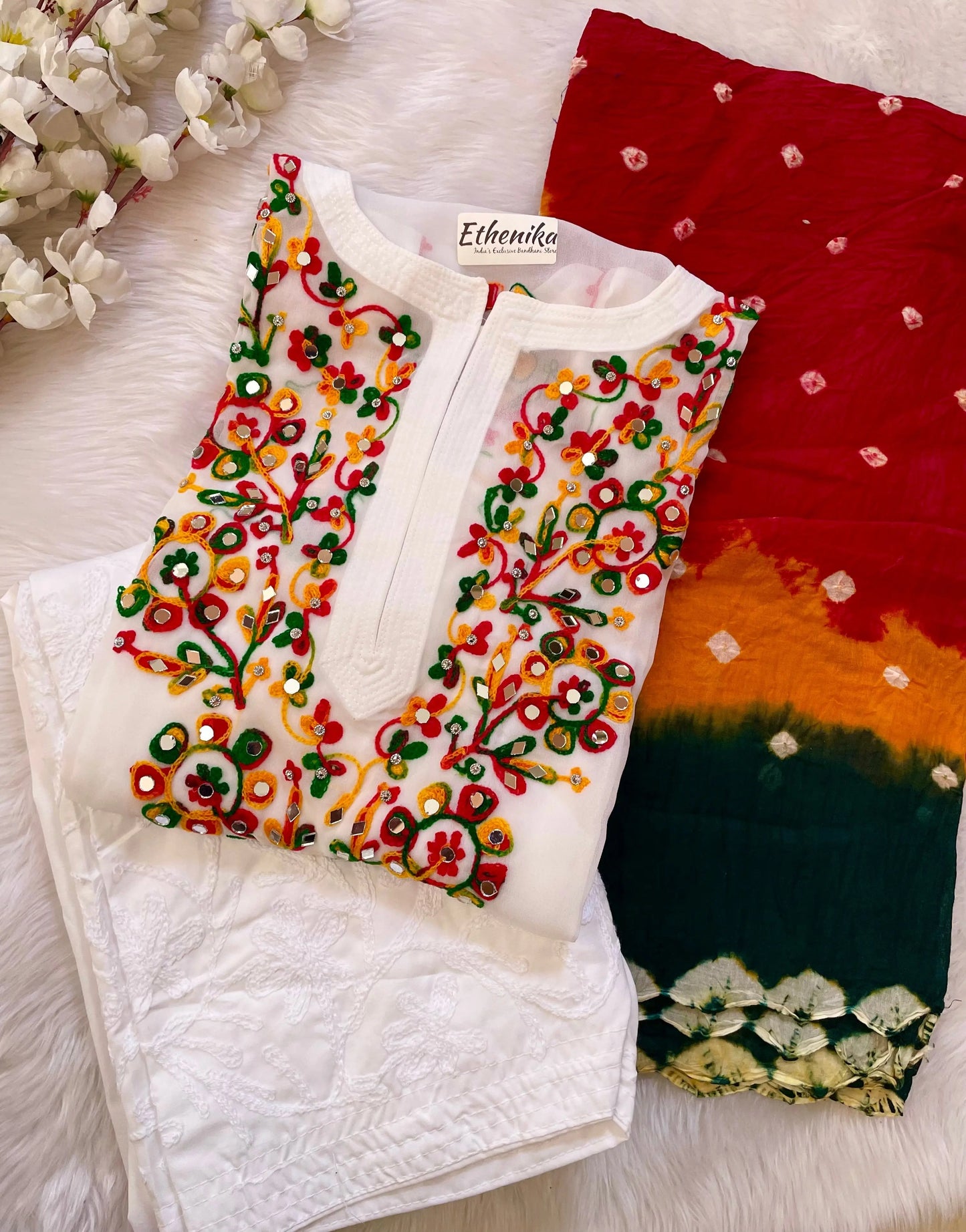 Cotton Thread Embroidery with Mirror Work Kurti Pant Dupatta Set - Premium from Ethenika.com - Just INR 2190! Shop now at Ethenika.com