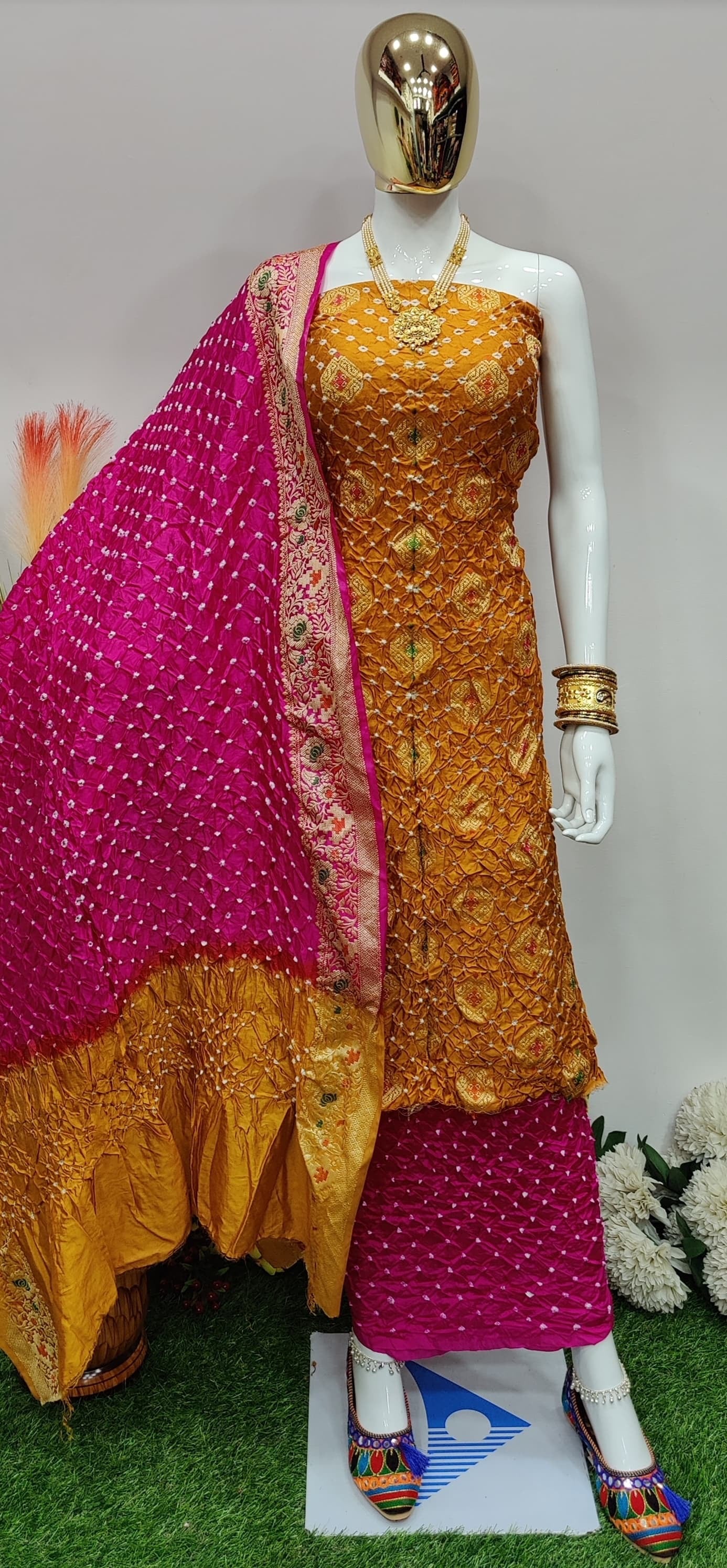 Original Dhupiyan Silk Kasab work Heavy Jamnagar Bandhani Dress