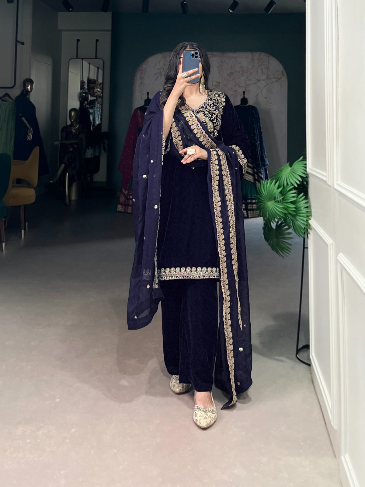 Ethenika Authentic Sequence Embroidery Work Designer Velvet Kurti Pant Dupatta Set (Ready to Wear) - Premium from Ethenika.com - Just INR 4990! Shop now at Ethenika.com