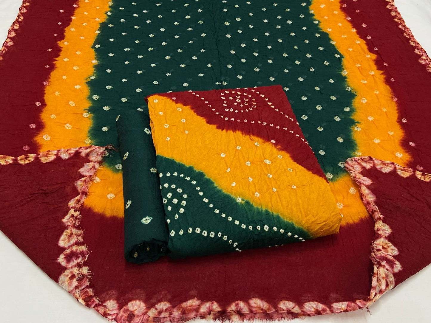 Cotton Satin V Pattern Multi Color Hand Crafted Kutch Bandhani Dress Material (Unstitched)