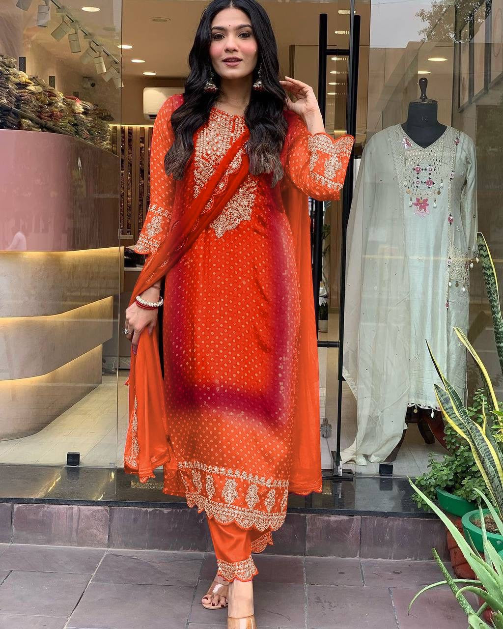 Chinon Digital Bandhani Print with Neck Thread Embroidery work Kurti Pant Dupatta Set(Stitched) - Premium from Ethenika.com - Just INR 2990! Shop now at Ethenika.com