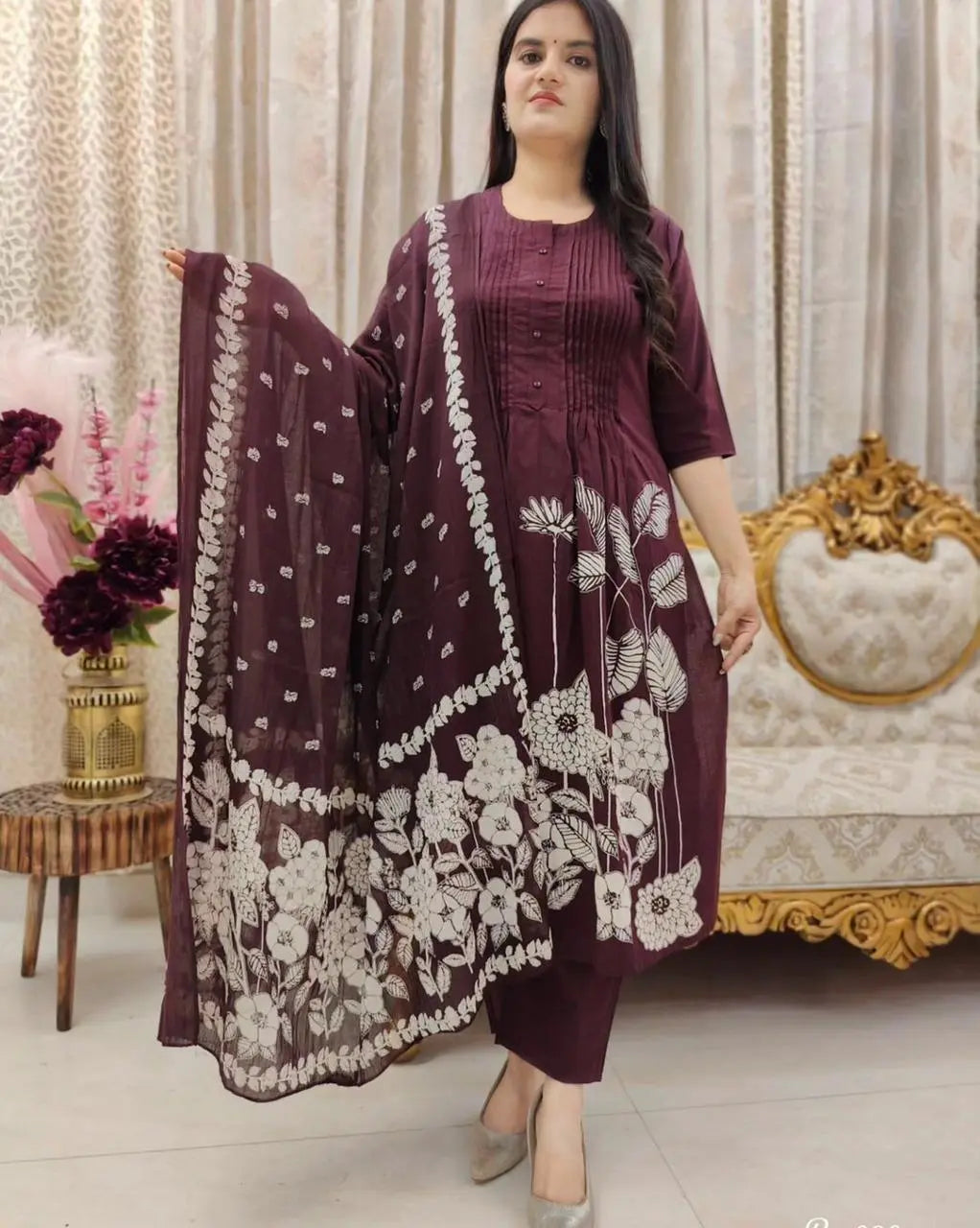 Soft Cotton Self Print Kurti Pant Dupatta Set - Premium from Ethenika.com - Just INR 2490! Shop now at Ethenika.com
