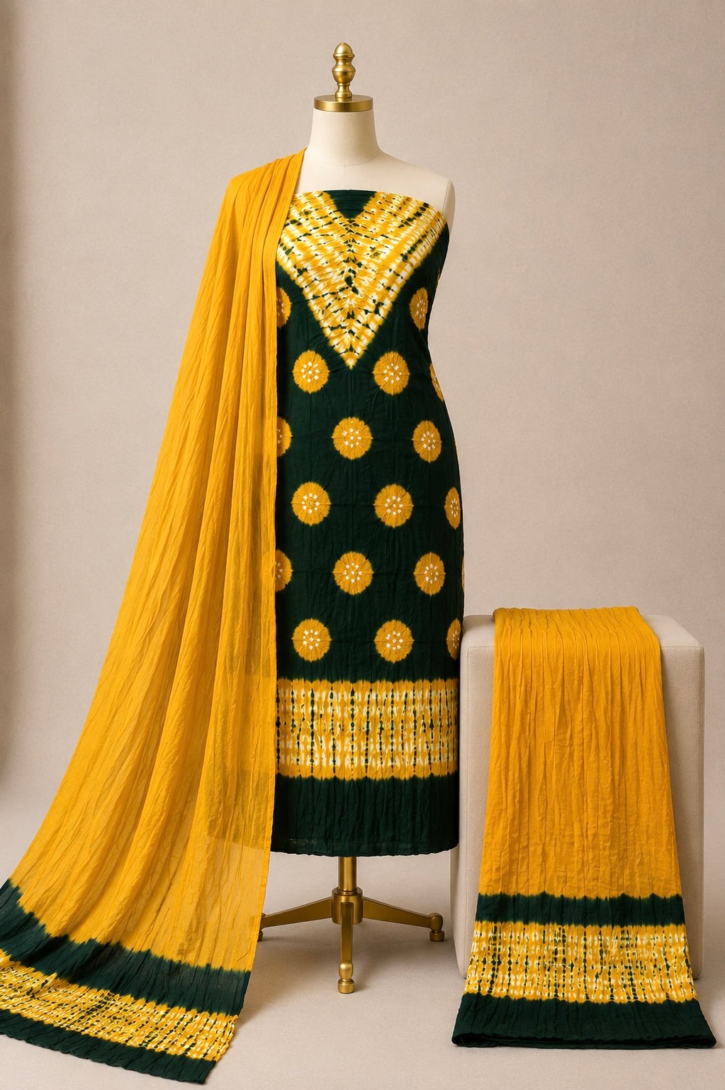 Pure Cotton Multicolor Kutch Bandhani 3Pc Unstitched Dress Material