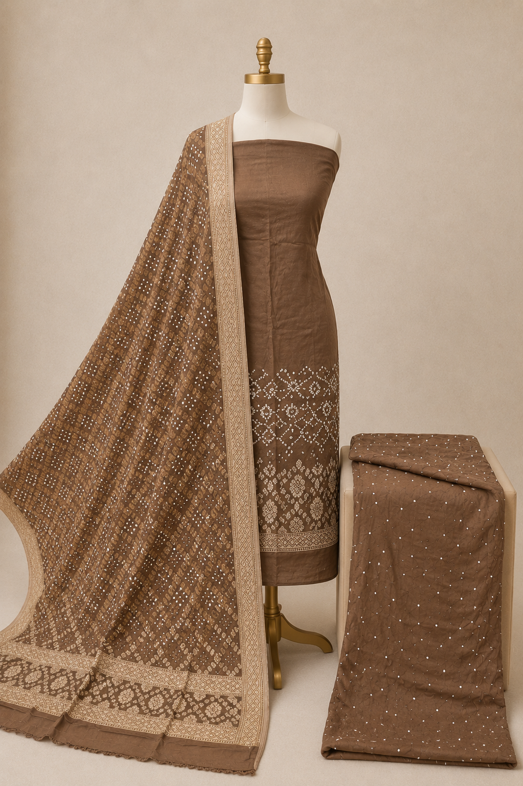 Modal Silk Golden Kasab Embroidery Work 3Pc Unstitched Bandhani Dress Material