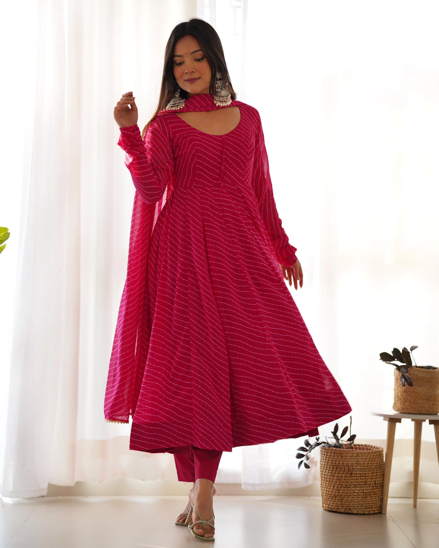 Faux Georgette Leheriya Print Anarkali 4M Flair Kurti Pant Dupatta Set (Ready To Wear) - Premium from Ethenika.com - Just INR 2990! Shop now at Ethenika.com