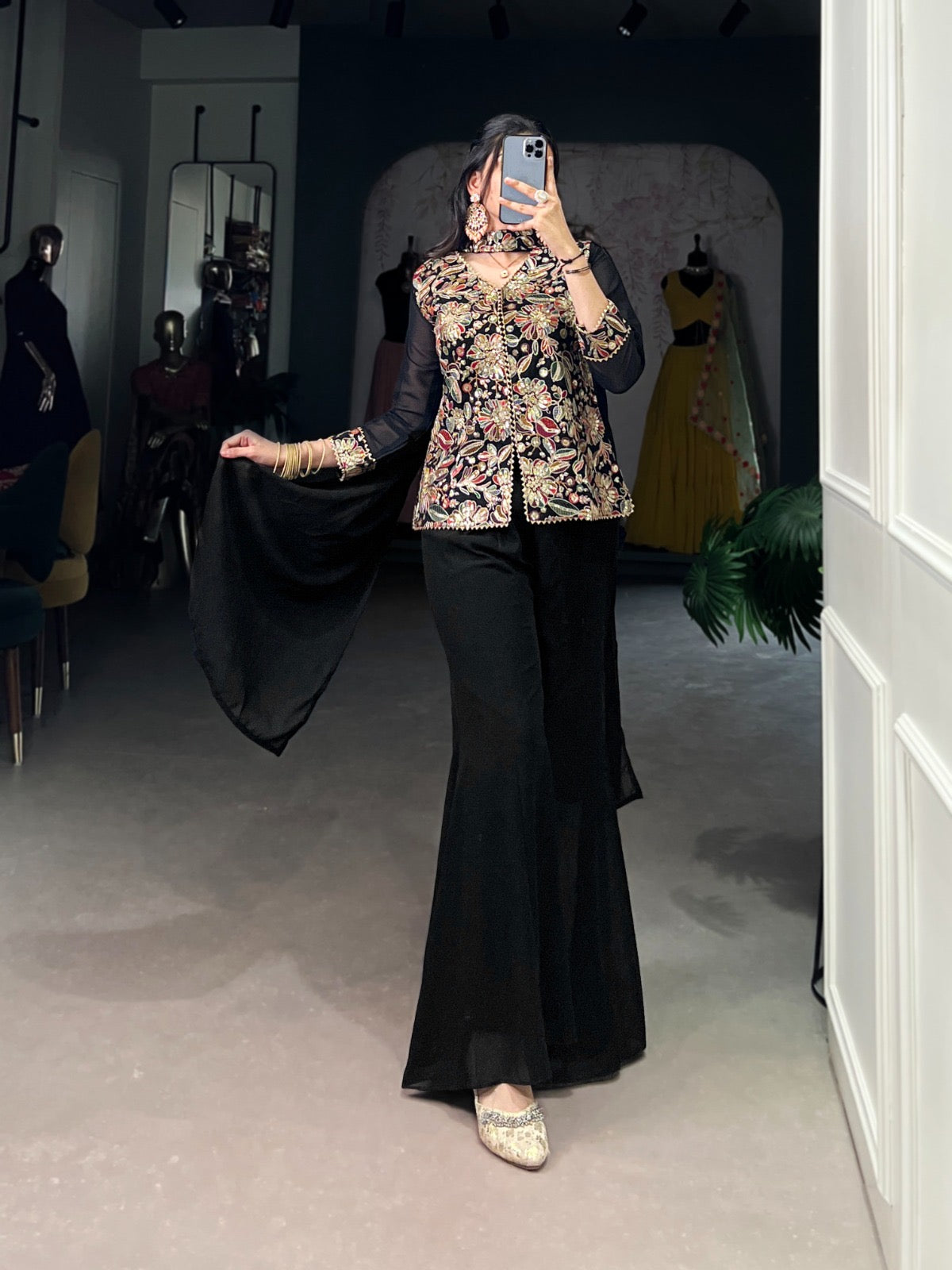 Georgette Threa Embroidery work Black Beauty Kurti Sharara Dupatta Set - Premium from Ethenika.com - Just INR 3990! Shop now at Ethenika.com