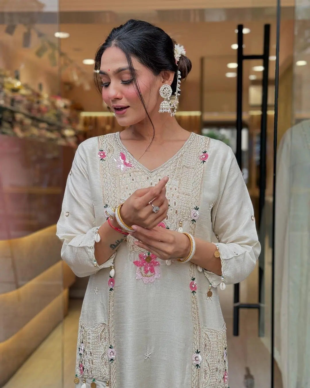 Pure Roman Silk Sequence Embroidery with Kodi Work Summer Special Kurti Pant Dupatta Set - Premium from Ethenika.com - Just INR 3090! Shop now at Ethenika.com