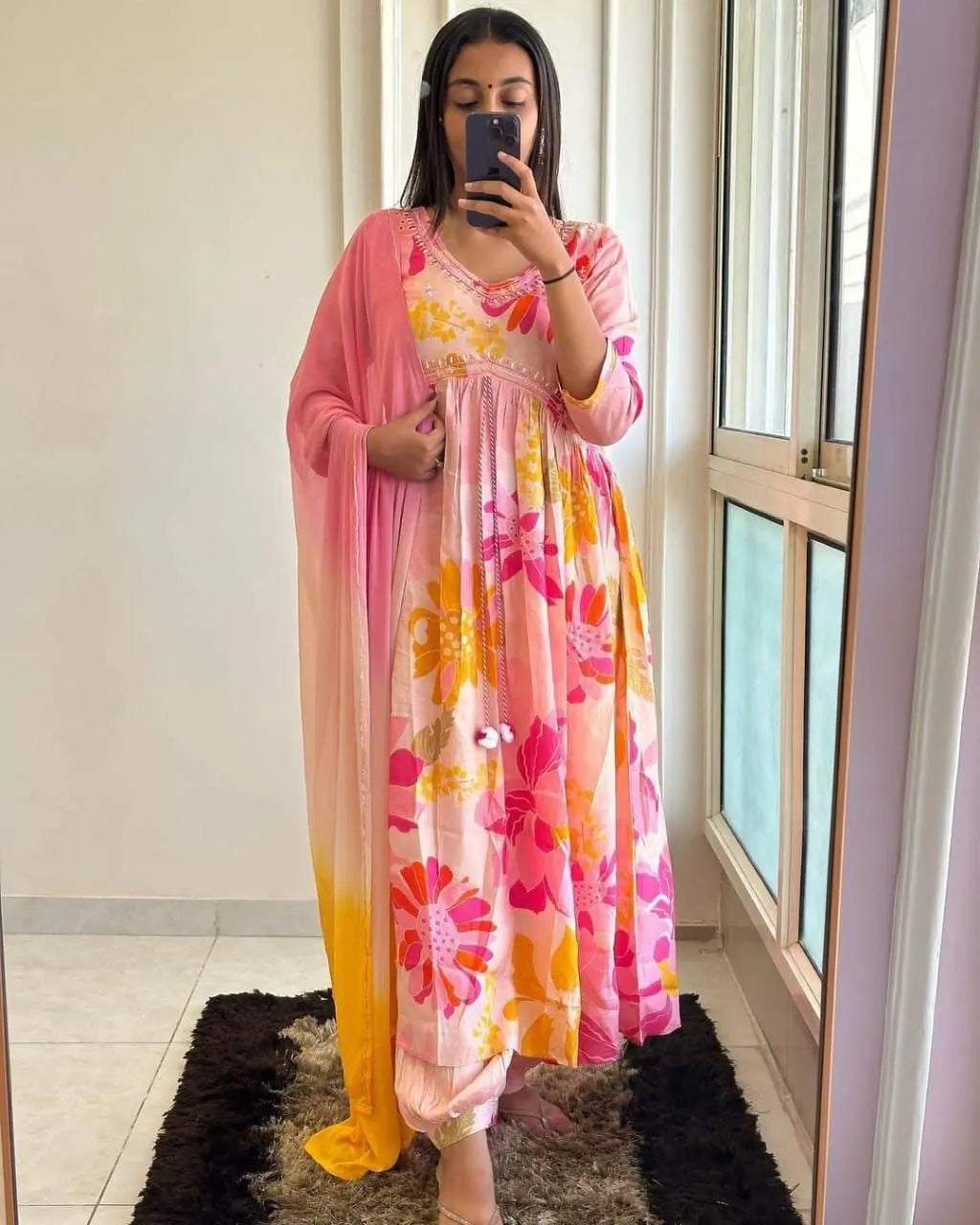 Floral Digital Print Lace embroidery work Afghani Kurti Pant Set - Premium from Ethenika.com - Just INR 2290! Shop now at Ethenika.com