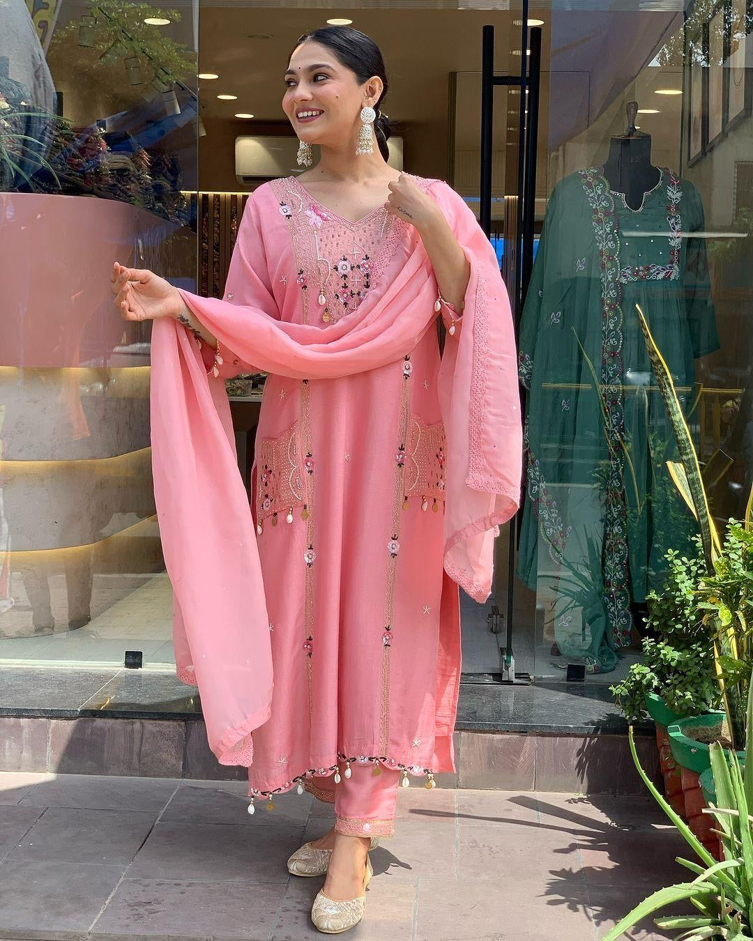 Roman Silk Original Kodi work with Hand Stone Thread Embroidery Work Summer Special Kurti Pant Dupatta Set (Fully Stitched) - Premium from Ethenika.com - Just INR 2990! Shop now at Ethenika.com
