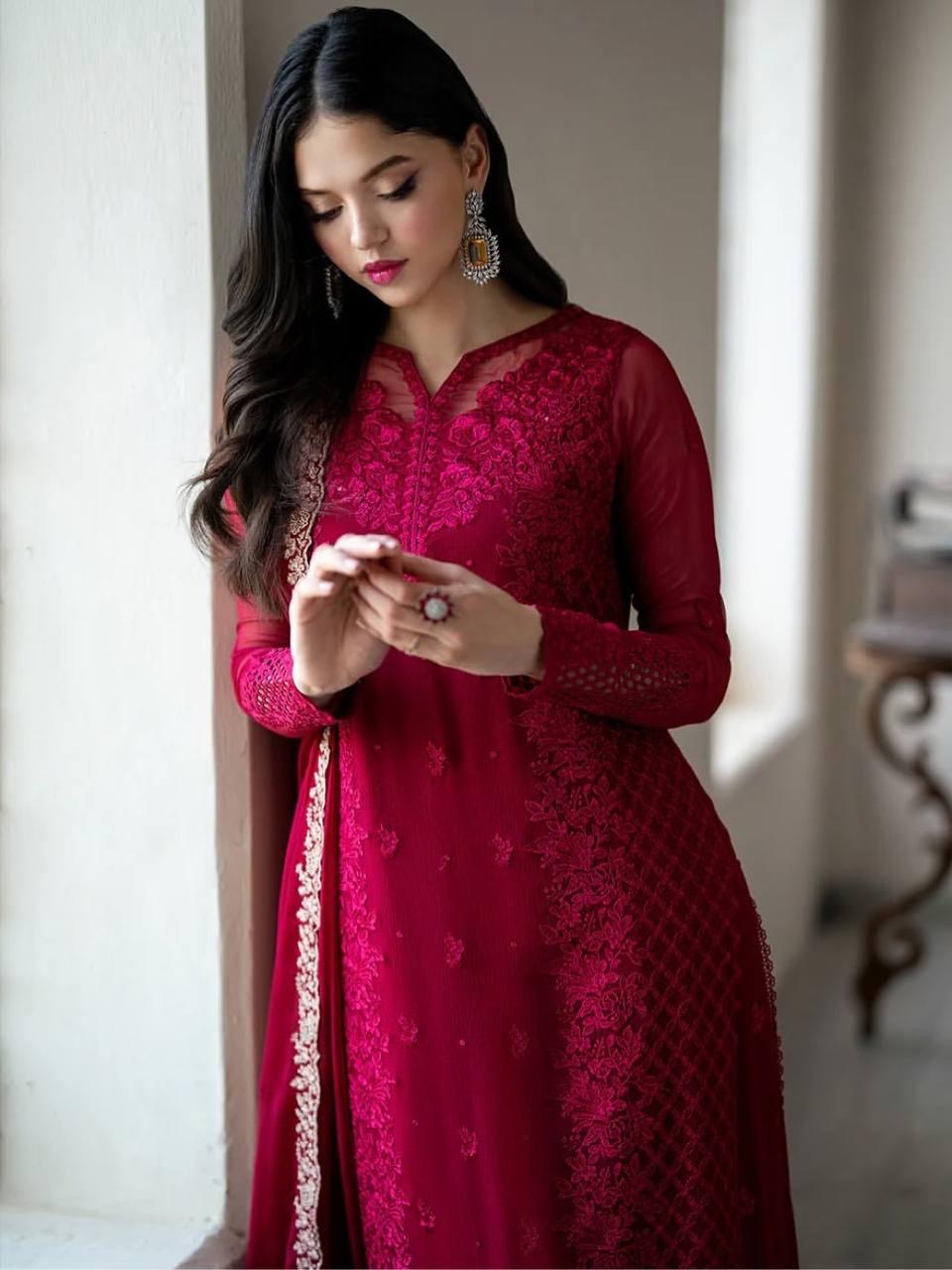 Faux Georgette Sequence Embroidery Work Designer Party Wear Kurti Pant Dupatta Set (Ready to Wear)