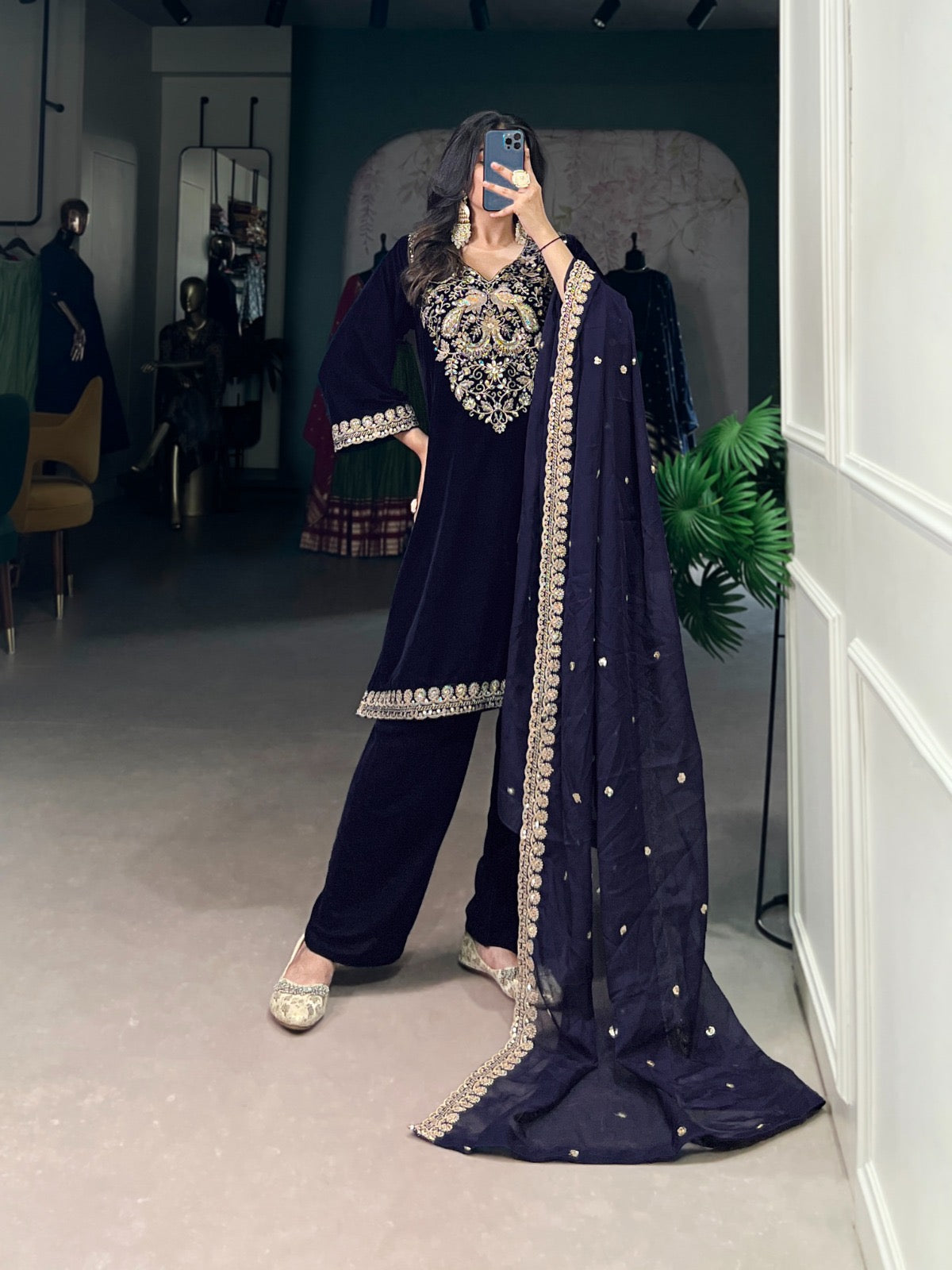 Ethenika Authentic Sequence Embroidery Work Designer Velvet Kurti Pant Dupatta Set (Ready to Wear) - Premium from Ethenika.com - Just INR 4990! Shop now at Ethenika.com