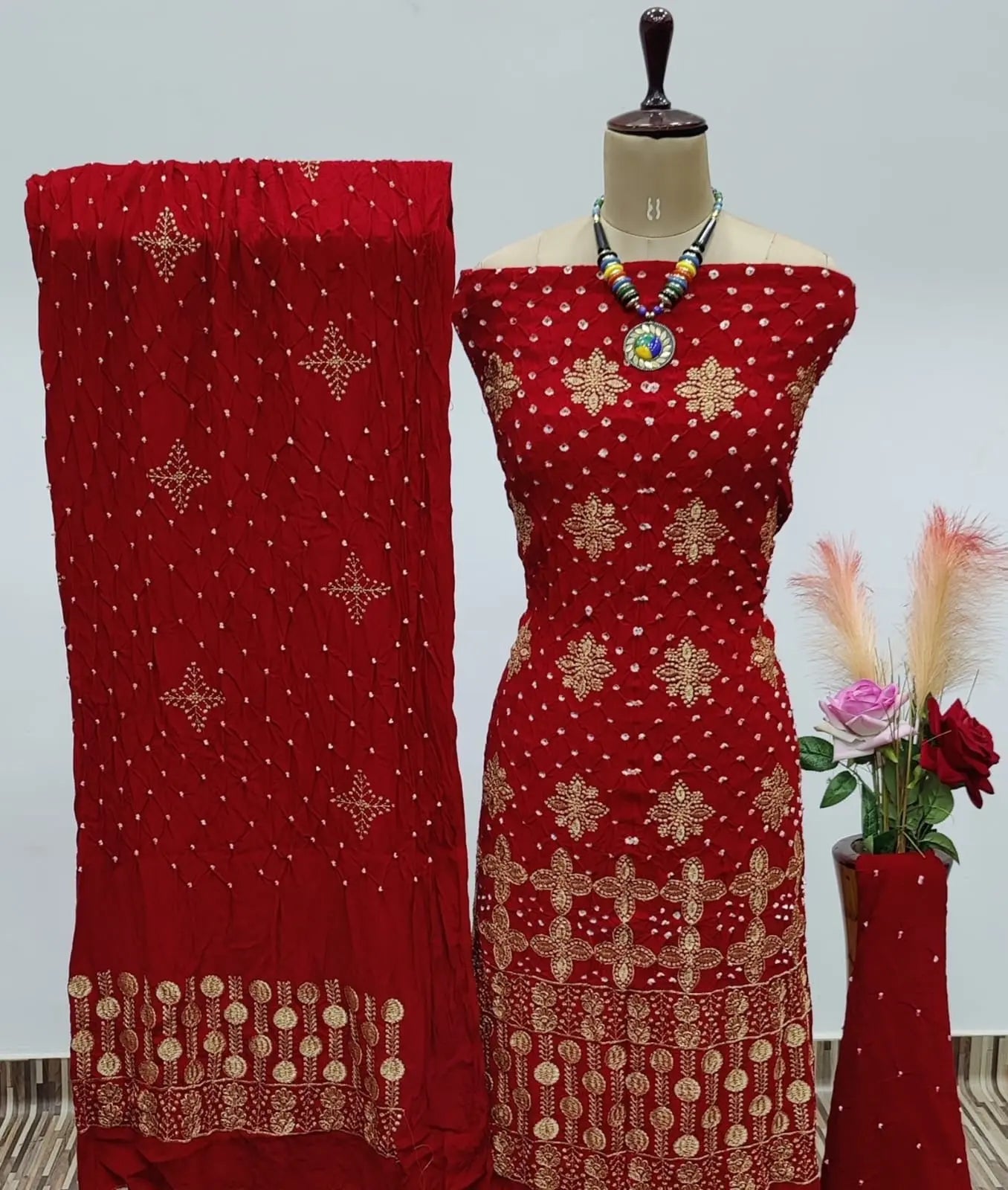 Reyon Embroidery Work Authentic Hand Crafted Kutch Bandhani Dress Material - Premium from Ethenika.com - Just INR 2190! Shop now at Ethenika.com