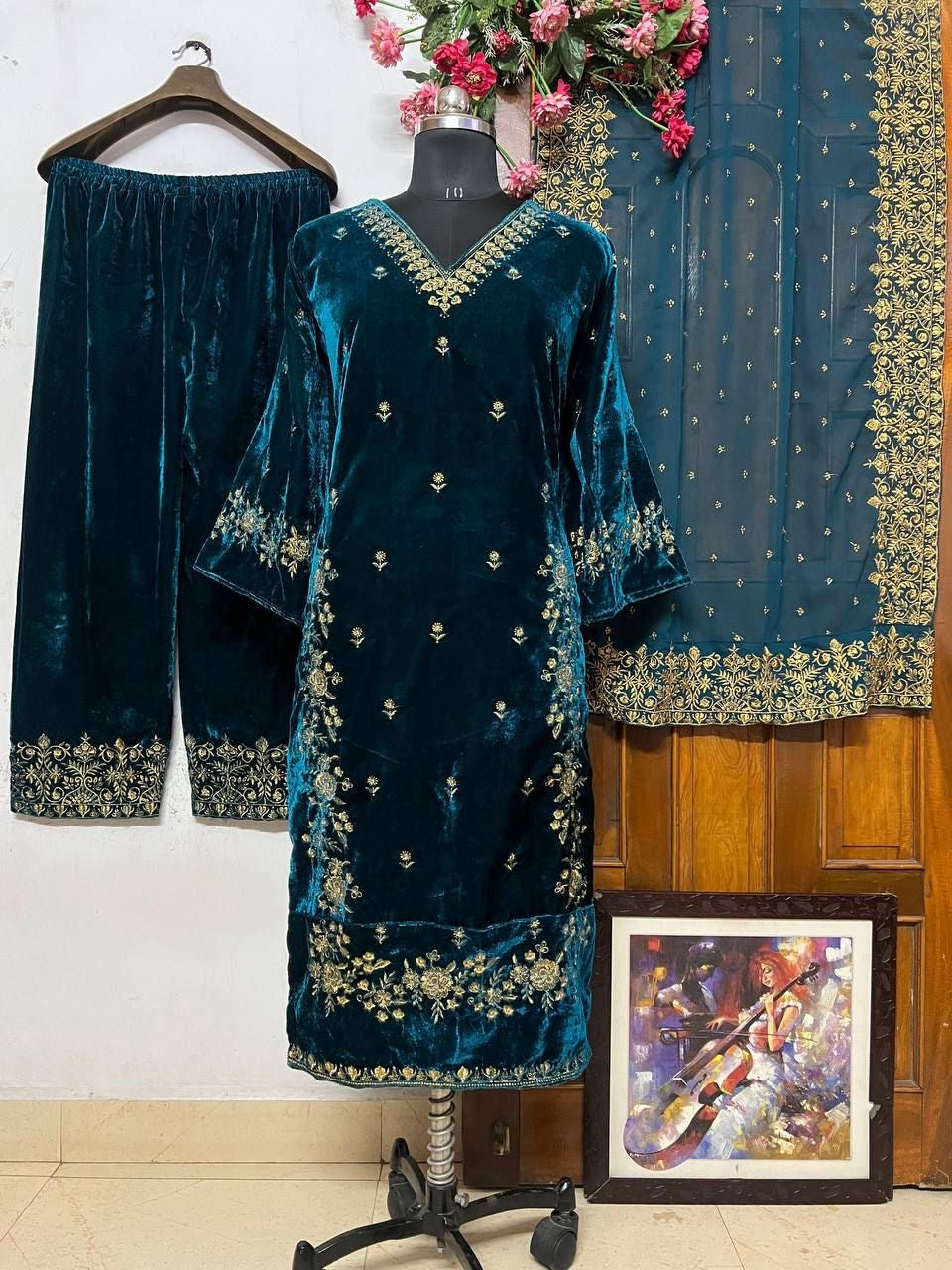 Winter Special Velvet Embroidery work Kurti Palazzo Set with Dupatta - Premium  from Ethenika.com - Just INR 2790! Shop now at Ethenika.com