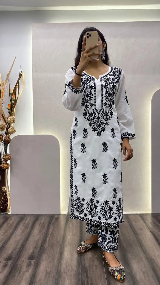 Muslin Chikankari Kurti Pant Set - Premium  from Ethenika.com - Just INR 1890! Shop now at Ethenika.com