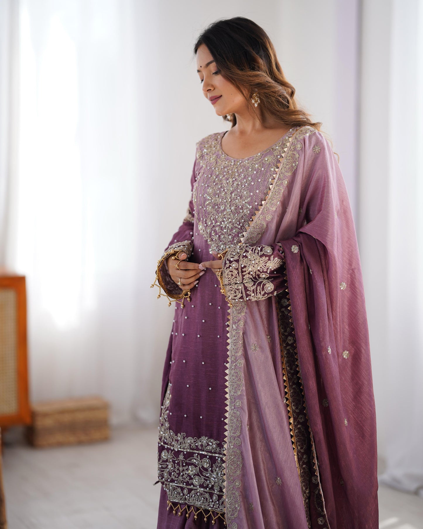 Chinon Silk Sequence Embroidery with Moti Work Kurti Sharar Dupatta Set (Stitched) - Premium from Ethenika.com - Just INR 4990! Shop now at Ethenika.com