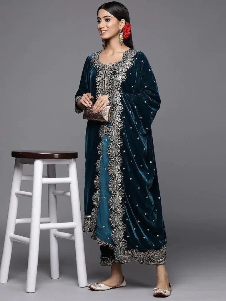 Winter Special Velvet Kurti Pallazo Dupatta Set (Stitched) - Premium from Ethenika.com - Just INR 2790! Shop now at Ethenika.com