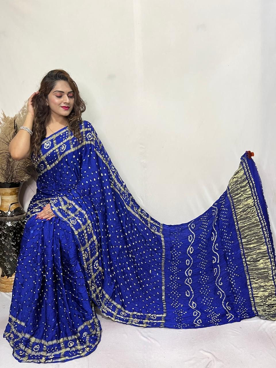 Pure Modal Silk Golden Chex Hand Made Barik Bandhej work Silk Bandhani Saree - Premium from Ethenika.com - Just INR 5990! Shop now at Ethenika.com