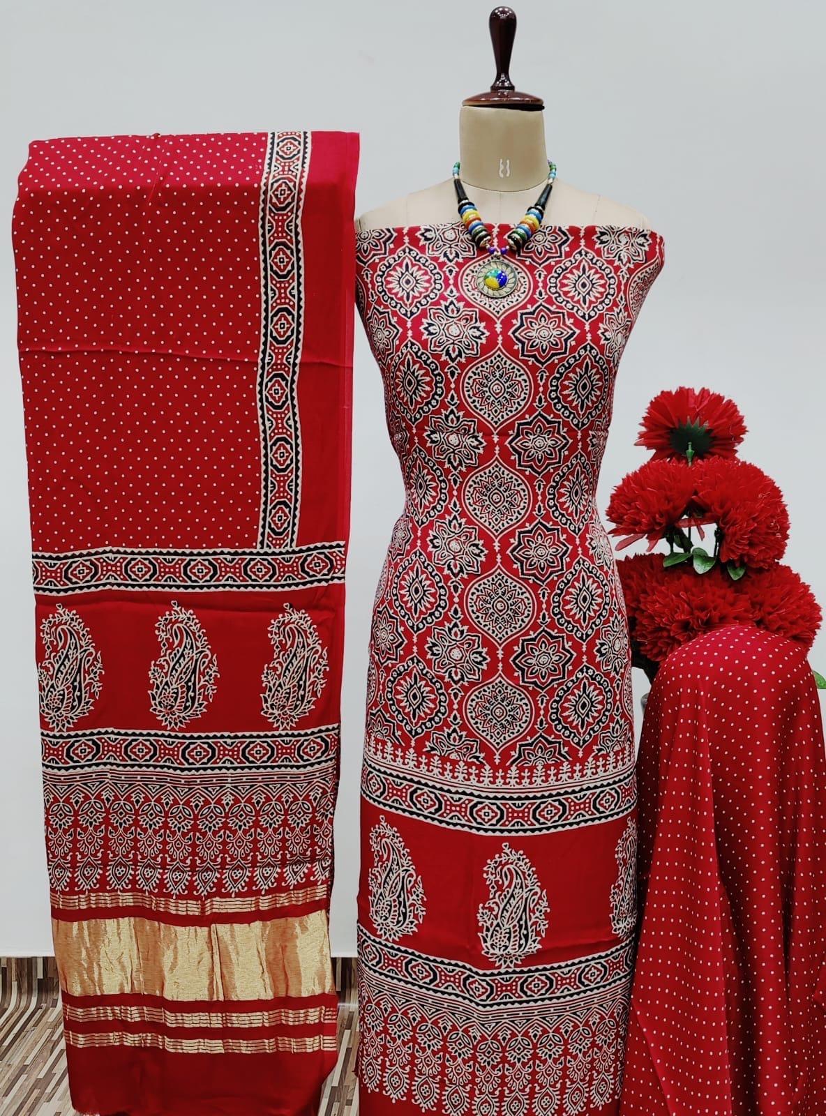 Modal Ghazi Silk Original Hand Blocked Ajrakh Print Dress Material (Unstitched) - Premium from Ethenika.com - Just INR 5990! Shop now at Ethenika.com