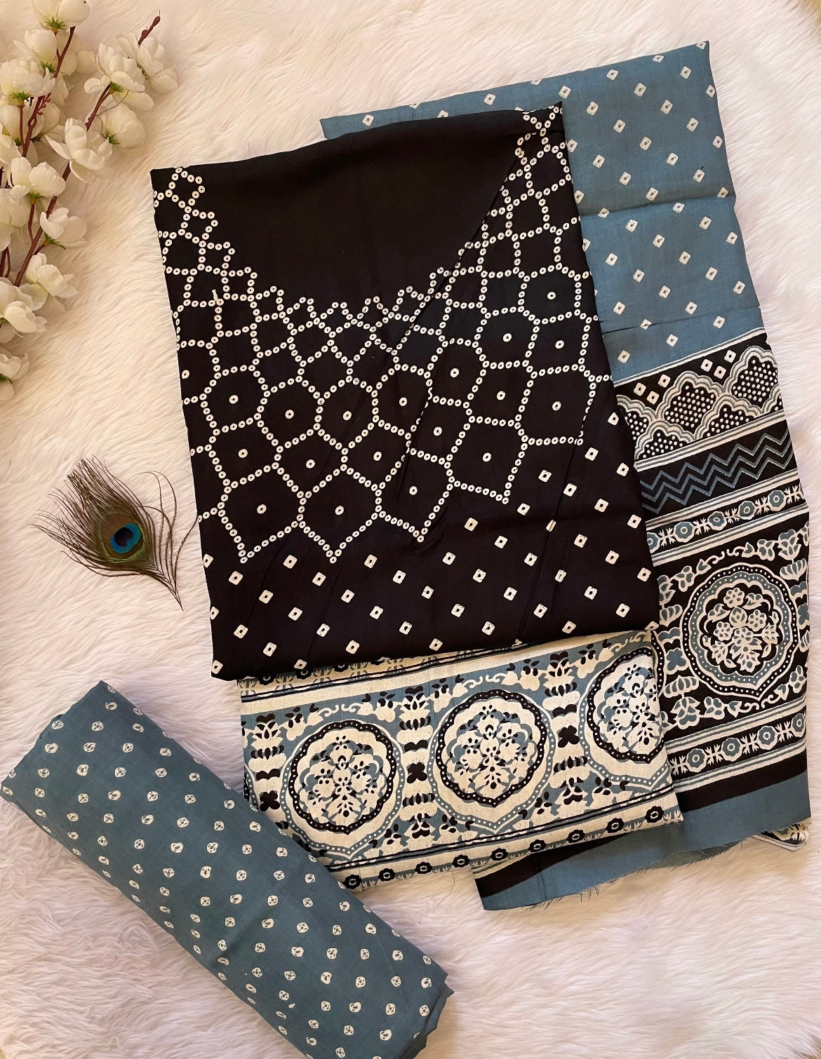 Rayon Cotton Ajrakh Hand block with Bandhani Print Dress Material (Unstitched) - Premium from Ethenika.com - Just INR 1790! Shop now at Ethenika.com