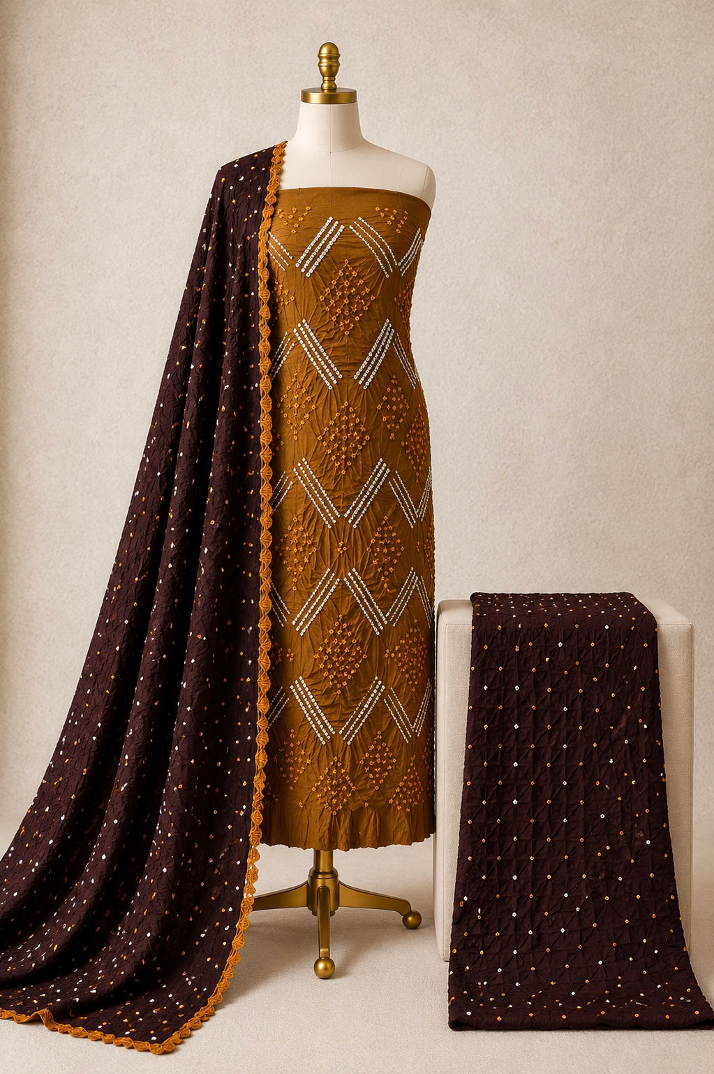 Cotton Satin Multi Gulti Contrast 3Pc Unstitched Bandhani Dress Material