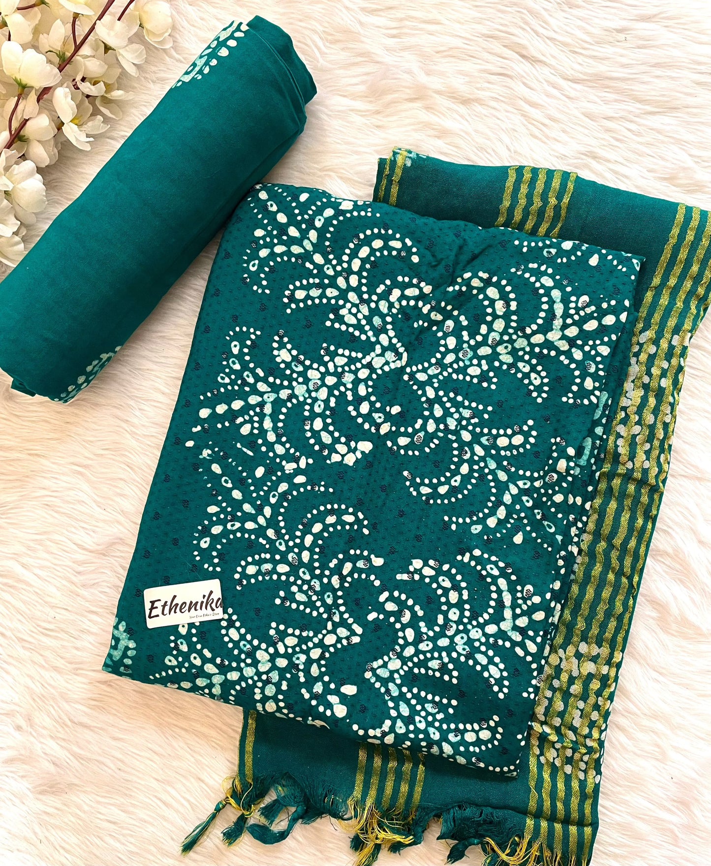 Hand Blocked Wax Batik Dress Material with Fumka work Dupatta (Unstitched) - Premium from Ethenika.com - Just INR 1390! Shop now at Ethenika.com