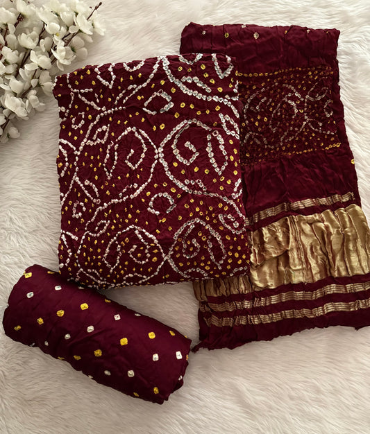 Heavy Modal Silk Barik Bandhej Work Jamnagar Bandhani Dress Material (Unstitched)